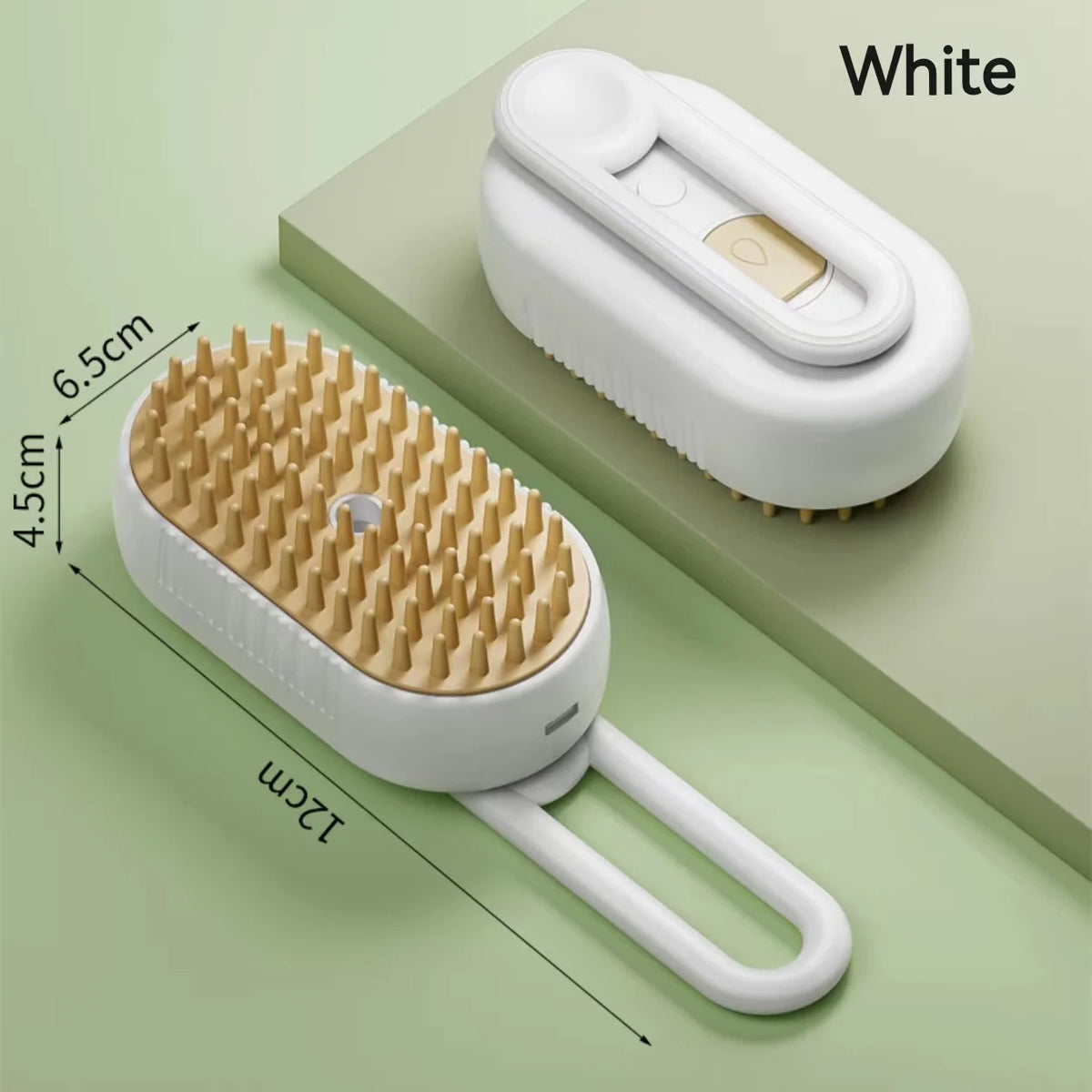A minha loja pet steam brush showing a handheld device with steam vents, designed for grooming and cleaning pets' fur.