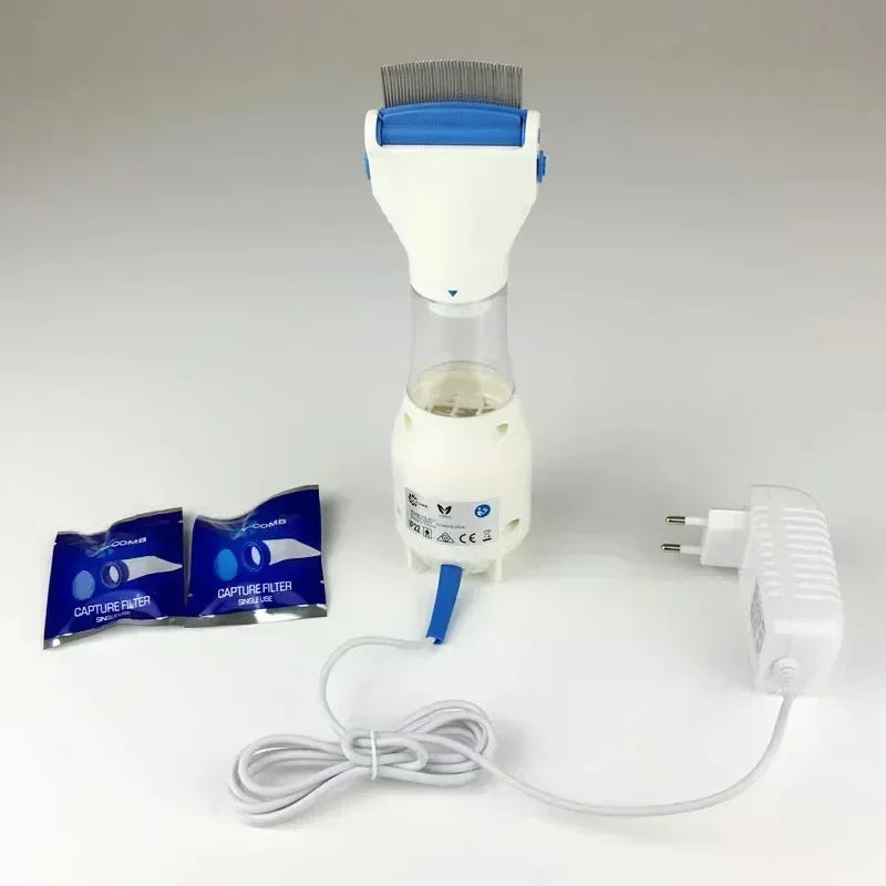 Electric flea and lice comb by A minha loja showing a close-up of the metal teeth and ergonomic handle for pet grooming.