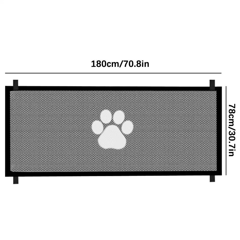 Mesh retractable pet gate by A minha loja, folding fence with breathable mesh for stairs, doorways, hallways, and kitchen safety.