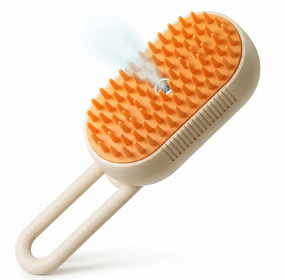 Pet steam brush by A minha loja showing a handheld device with steam nozzle for grooming pets and removing loose fur