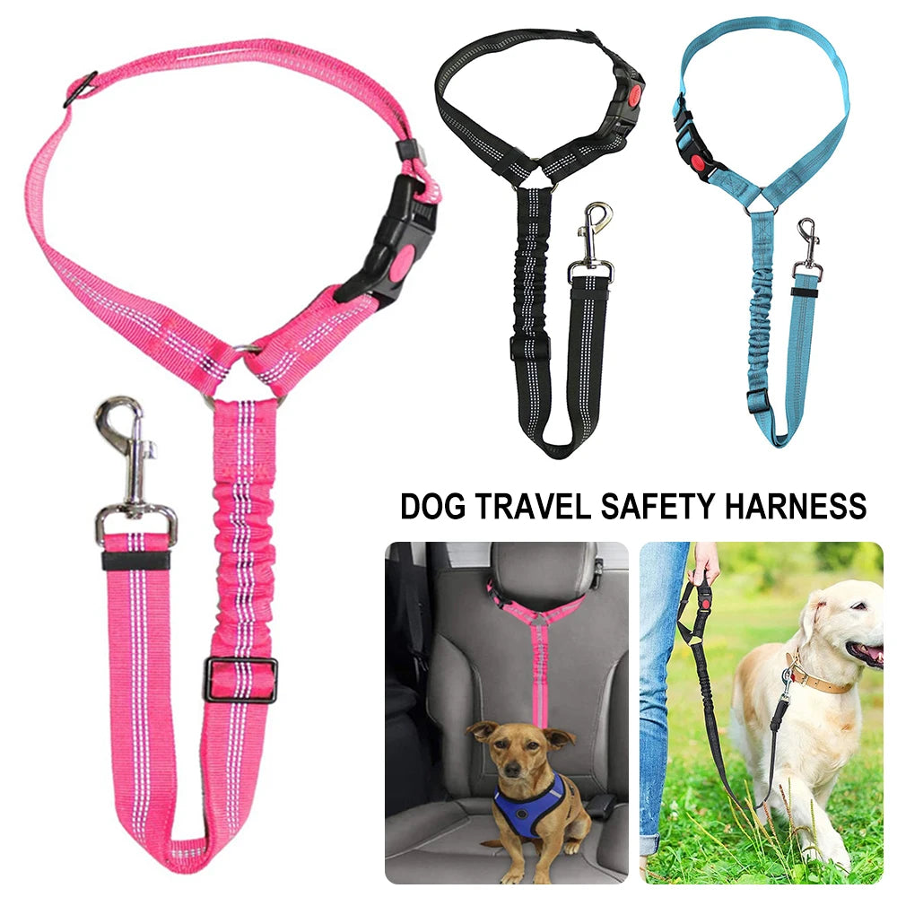 A dog car seat belt from A minha loja attached to a leash, designed to keep pets secure during car rides.
