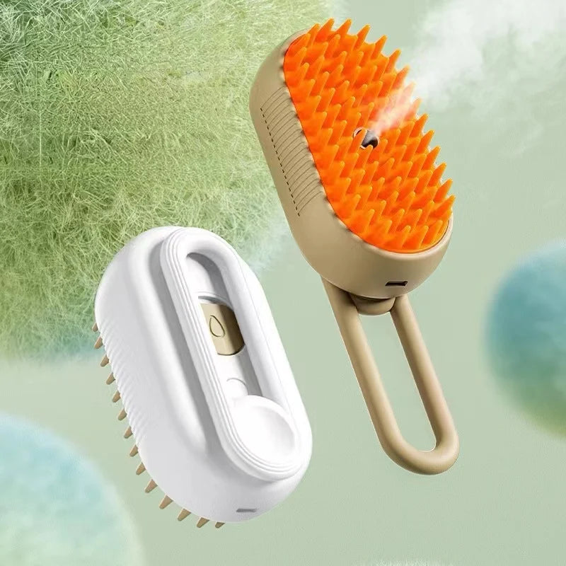 Pet steam brush by A minha loja, showing a handheld device with steam vents designed for grooming pets.