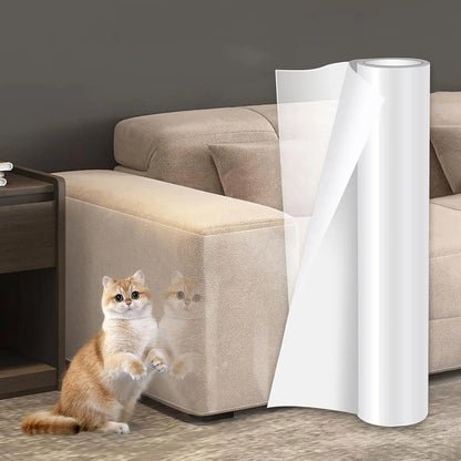 Clear vinyl cat scratch furniture protector tape applied to sofa and door to prevent scratching and damage.