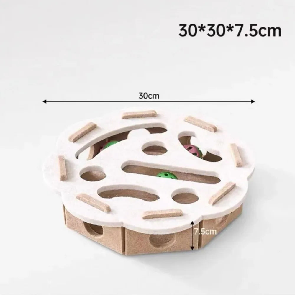 Felt cat puzzle feeder box with three balls for indoor cats, promoting mental stimulation and slow feeding.