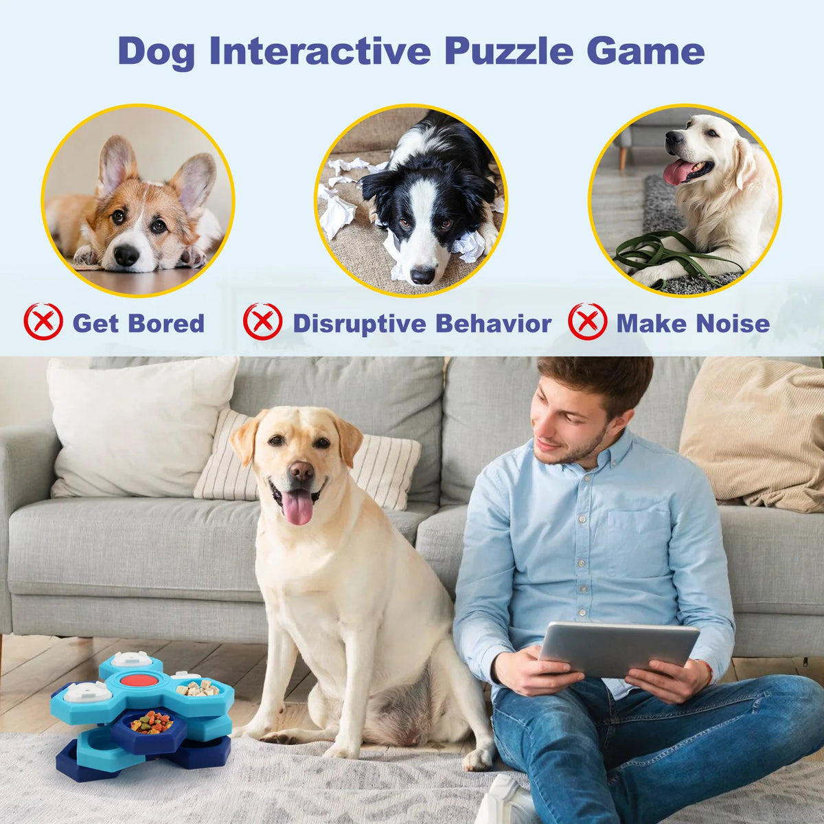 Rotating dog puzzle toy by A minha loja with colorful compartments and treats for interactive pet play and mental stimulation.