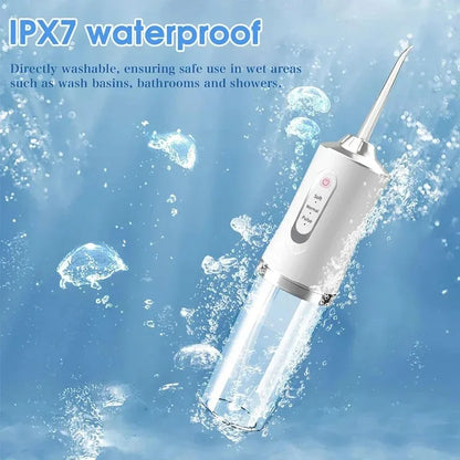 Pet dental water flosser from A minha loja, showing a close-up of the device with water jet tip for oral cleaning.