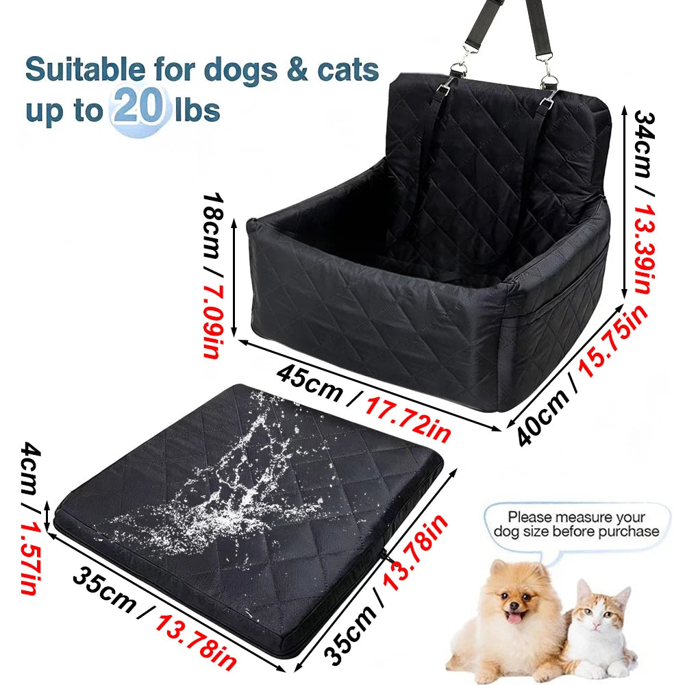 Portable dog car seat in beige with adjustable straps, designed to keep pets safe and comfortable during car travel.