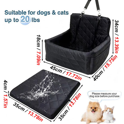 Portable dog car seat in beige with adjustable straps, designed to keep pets safe and comfortable during car travel.