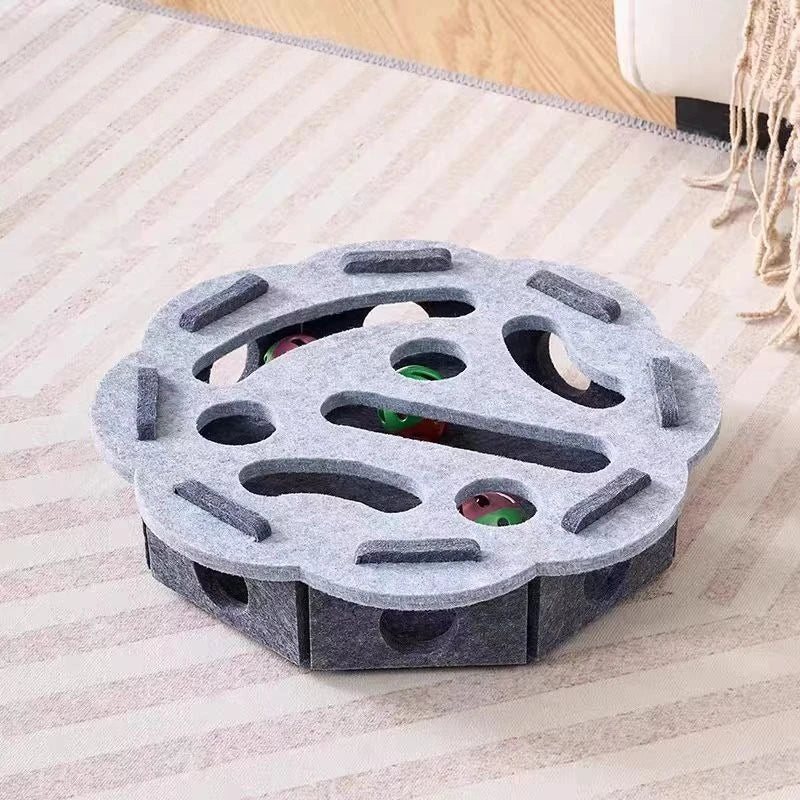 Felt cat puzzle feeder box with three balls for indoor cats, interactive maze slow feeder toy for mental enrichment and treat hiding.