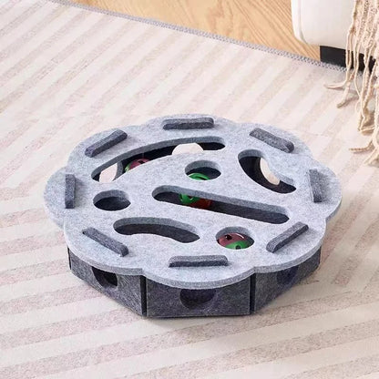 Felt cat puzzle feeder box with three balls for indoor cats, interactive maze slow feeder toy for mental enrichment and treat hiding.