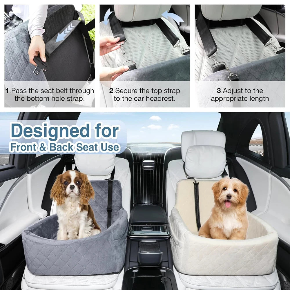 Portable dog car seat by A minha loja, showing a cozy, secure pet seat with straps for car travel safety.