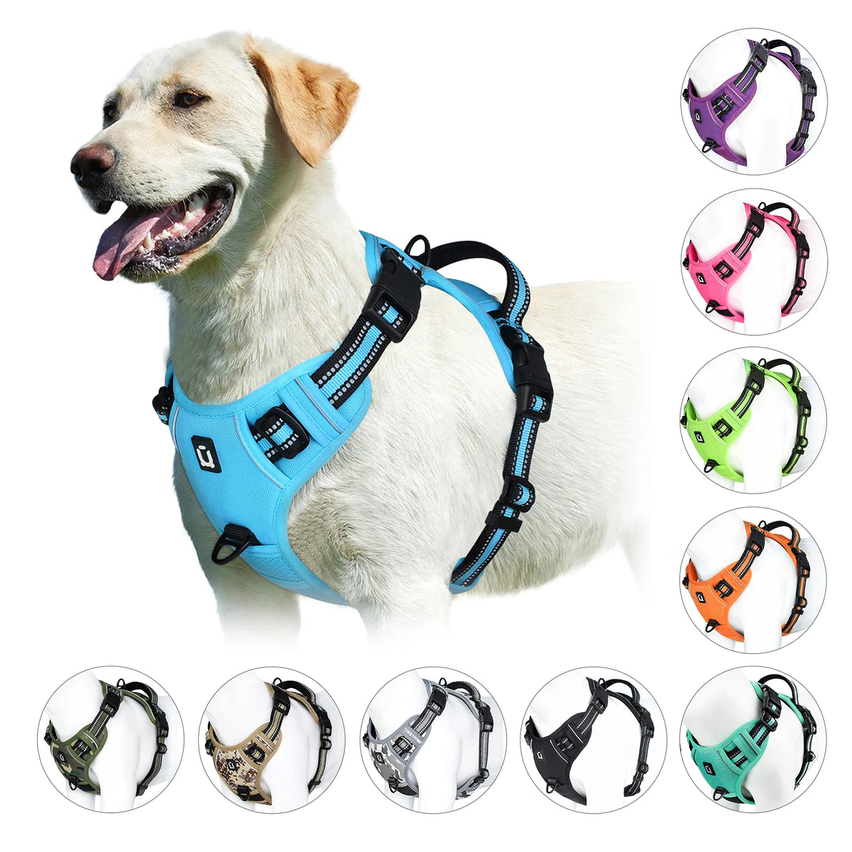 No-pull dog harness from A minha loja, showing adjustable straps and durable design for comfortable, secure walking.
