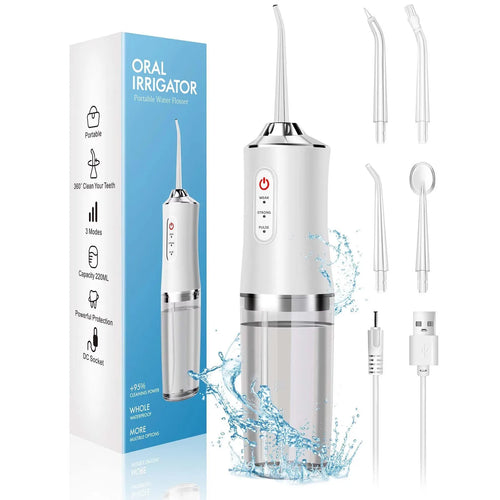 Pet dental water flosser from A minha loja showing a compact device with a nozzle for cleaning pets' teeth and gums.
