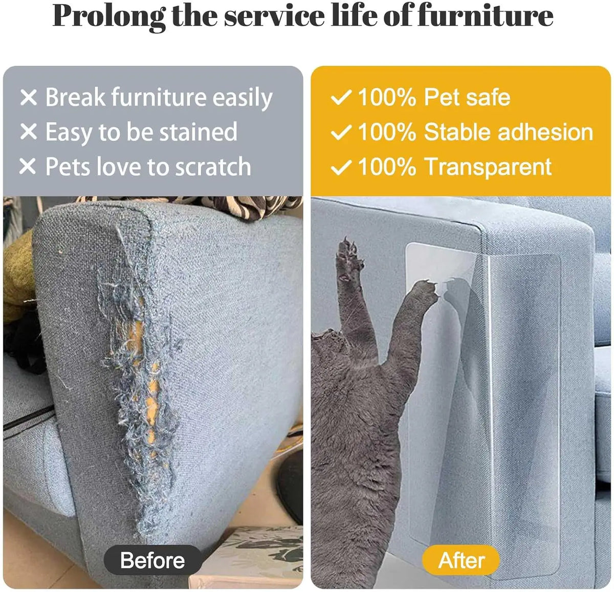 Clear vinyl cat scratch furniture protector tape applied to sofa and door to prevent scratches from cats.