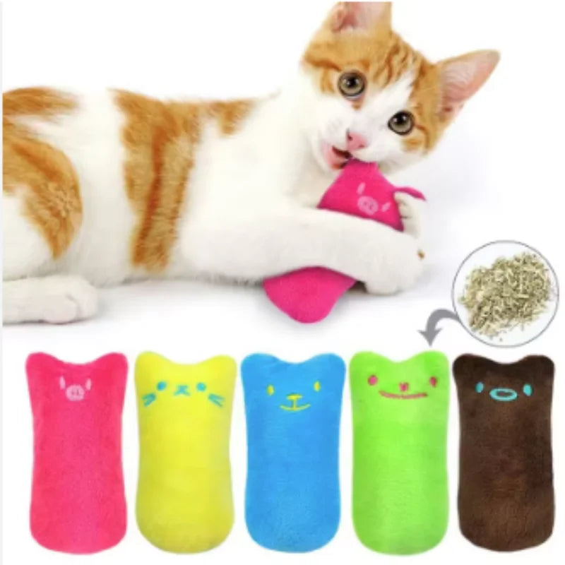 Funny plush catnip toy for cats, featuring interactive design, mint scent, and claws for chewing and play.