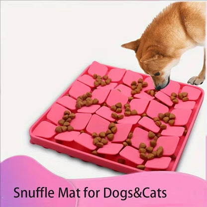 Dog slow feeder snuffle mat with suction cups, silicone sensory puzzle toy for training dogs and preventing choking.