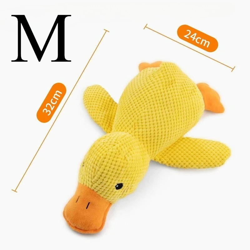 Soft plush duck hugging toy from A minha loja, featuring a cute yellow duck with flapping wings and a friendly expression.