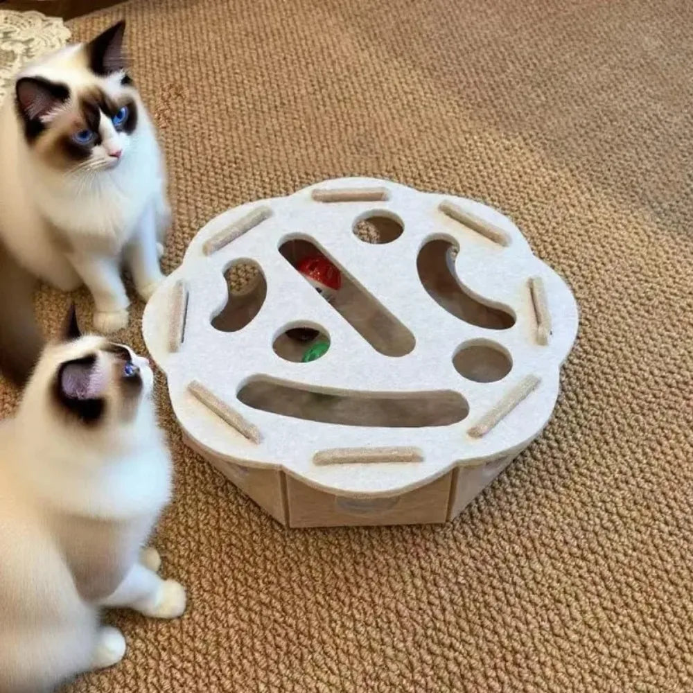 Felt cat puzzle feeder box with three balls, interactive maze slow feeder toy for indoor cats mental stimulation and treat hiding.