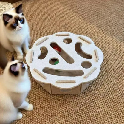 Felt cat puzzle feeder box with three balls, interactive maze slow feeder toy for indoor cats mental stimulation and treat hiding.