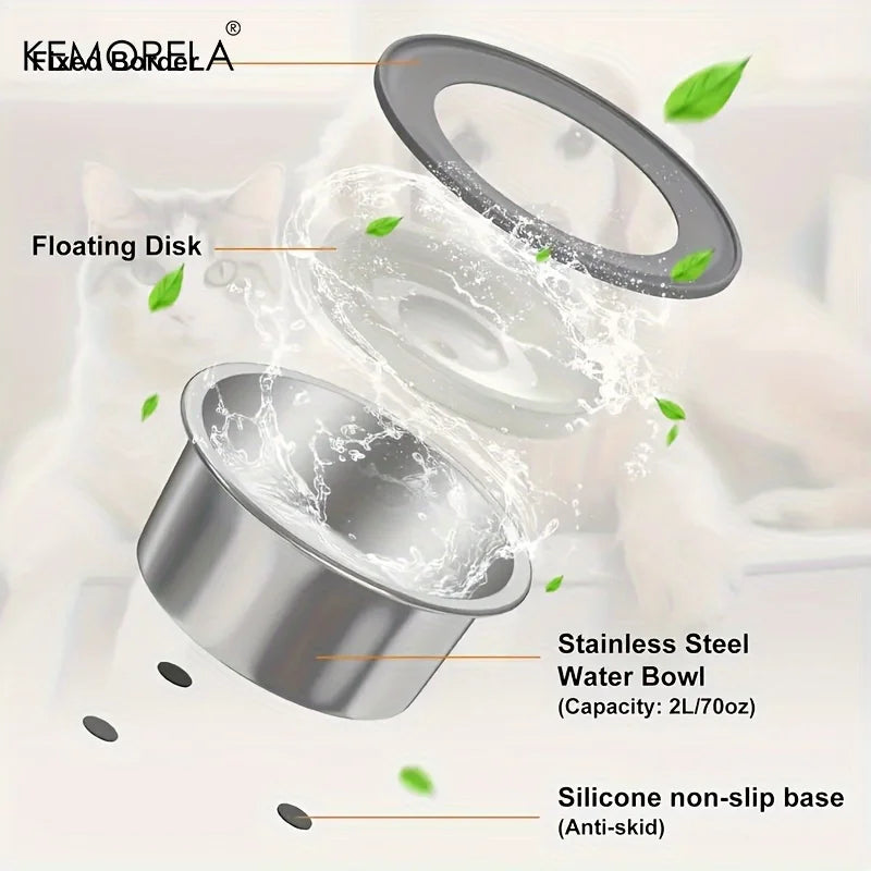 Stainless steel dog water bowl with floating disk design, anti-spill feature, and slow feeder for pets.