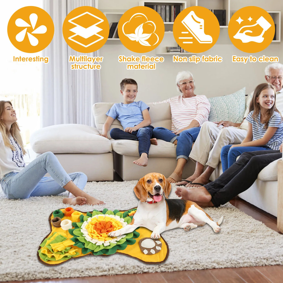 Colorful A minha loja snuffle mat for pets with fabric strips and textured surface for engaging sensory play.
