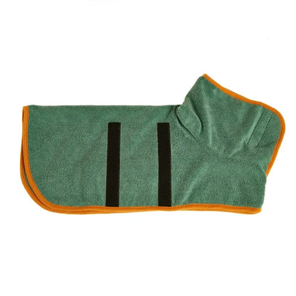Pet bathrobe from A minha loja, soft and absorbent, shown on a small dog, perfect for keeping pets warm and dry after baths.