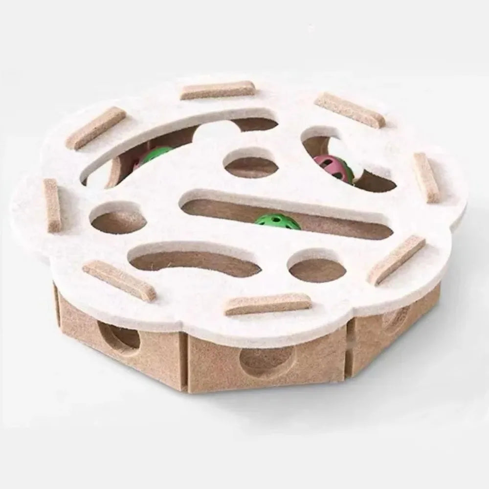 Felt cat puzzle feeder box with three balls for indoor cats, providing mental enrichment and treat hiding fun.