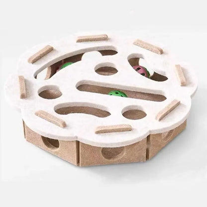 Felt cat puzzle feeder box with three balls for indoor cats, providing mental enrichment and treat hiding fun.