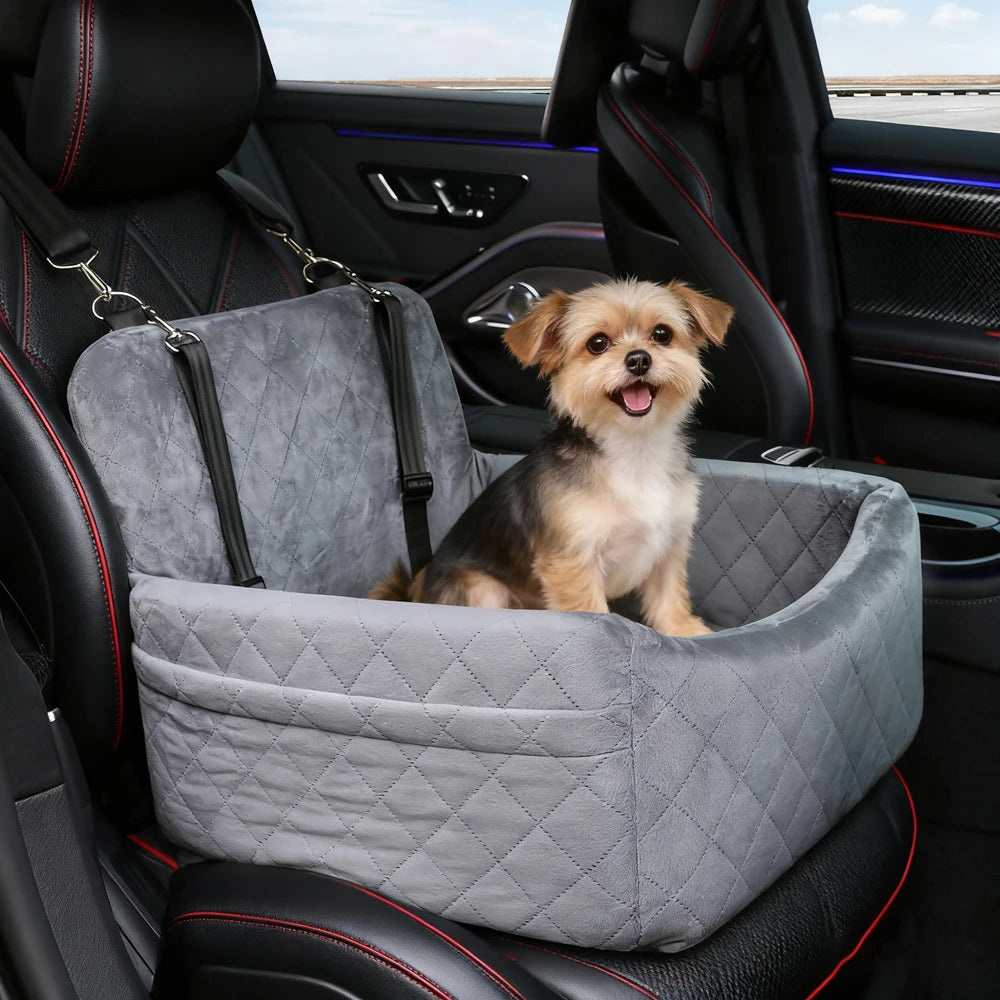 Portable dog car seat by A minha loja, showing a cozy, secure pet carrier designed for travel in vehicles.