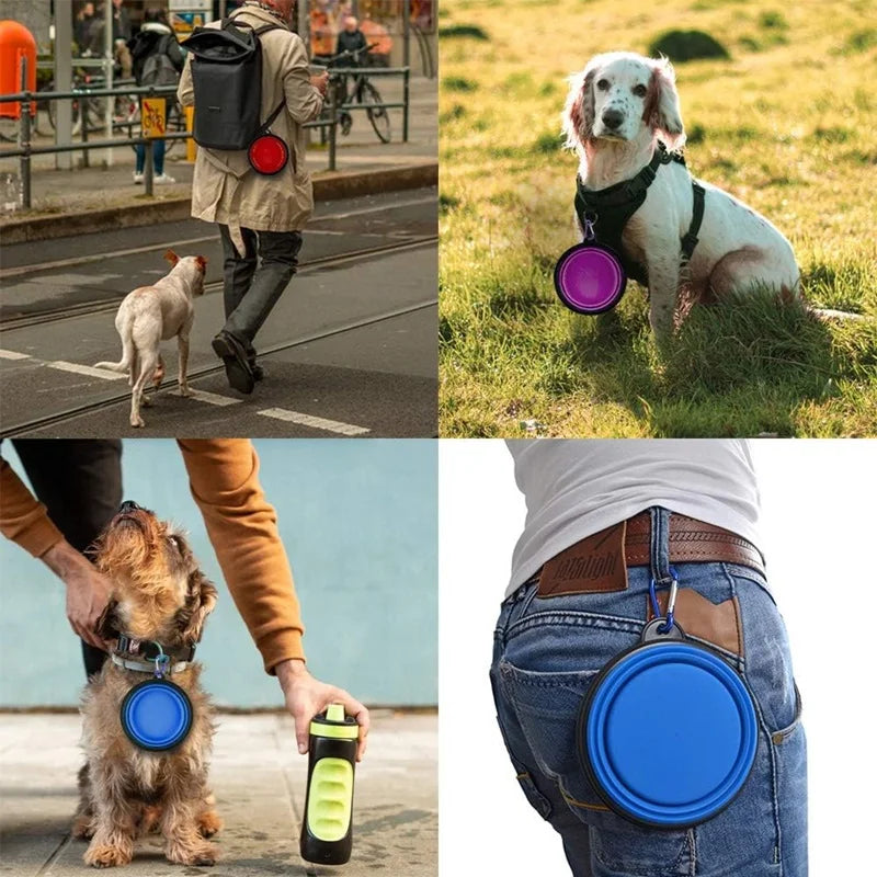 Portable silicone dog feeder bowl with dispenser and carabiner, ideal for travel, food, and water for pets.
