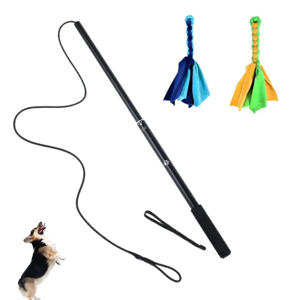 Retractable dog flirt pole toy by A minha loja with extendable pole, colorful tail for chasing, fun outdoor pet exercise and play.