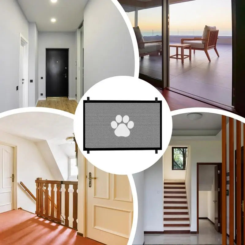 A minha loja mesh retractable dog gate barrier, foldable pet fence for stairs, doorways, and hallways in a home setting.