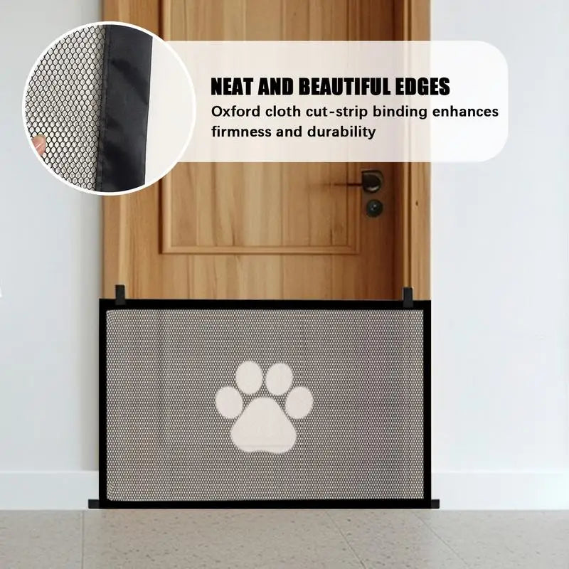 A minha loja mesh retractable dog gate barrier for stairs, doorways, and halls, featuring foldable net design for pet safety.