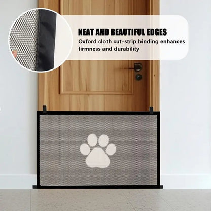 A minha loja mesh retractable dog gate barrier for stairs, doorways, and halls, featuring foldable net design for pet safety.