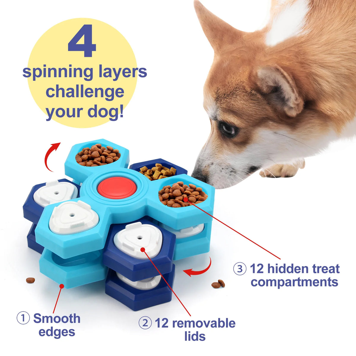 Rotating dog puzzle toy by A minha loja featuring colorful rotating compartments for interactive pet play and mental stimulation.