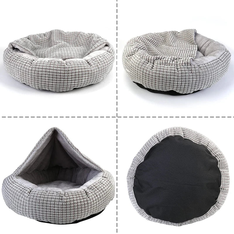 Cozy Benepaw hooded dog bed with fluffy round donut shape, soft washable material, ideal for puppies and cats needing comfort and calmness.