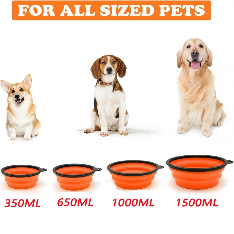 Portable silicone dog feeder bowl and water dispenser with carabiner for travel, suitable for dogs and cats, by A minha loja.