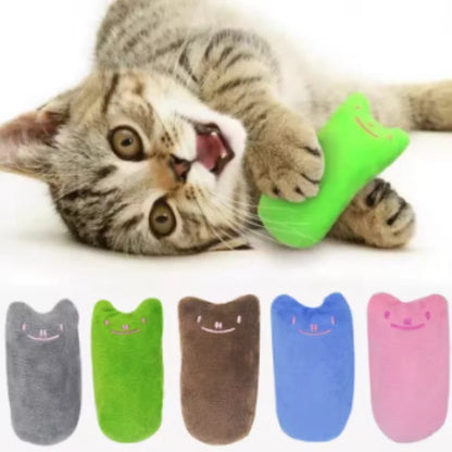Interactive plush cat toy with mint catnip, designed for cats to chew, bite, and play, featuring funny designs and vocal sounds.
