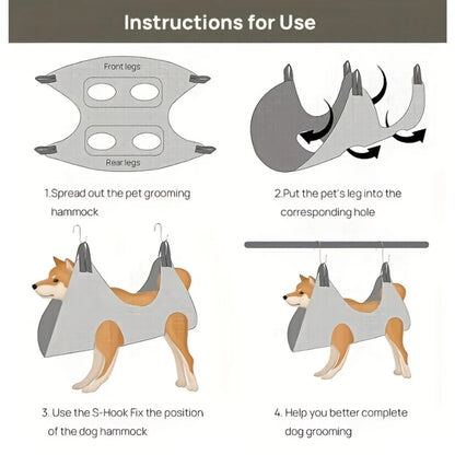 A minha loja pet grooming hammock hanging securely with soft fabric, designed for comfortable pet bathing and grooming.