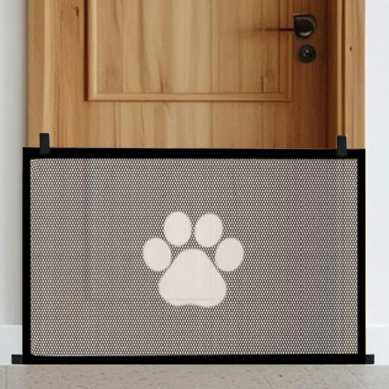 Mesh retractable dog gate by A minha loja, folding pet barrier for stairs, doorways, and hallways, with wide mesh fence and net design.