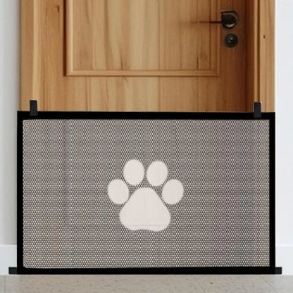 Mesh retractable dog gate by A minha loja, folding pet barrier for stairs, doorways, and hallways, with wide mesh fence and net design.