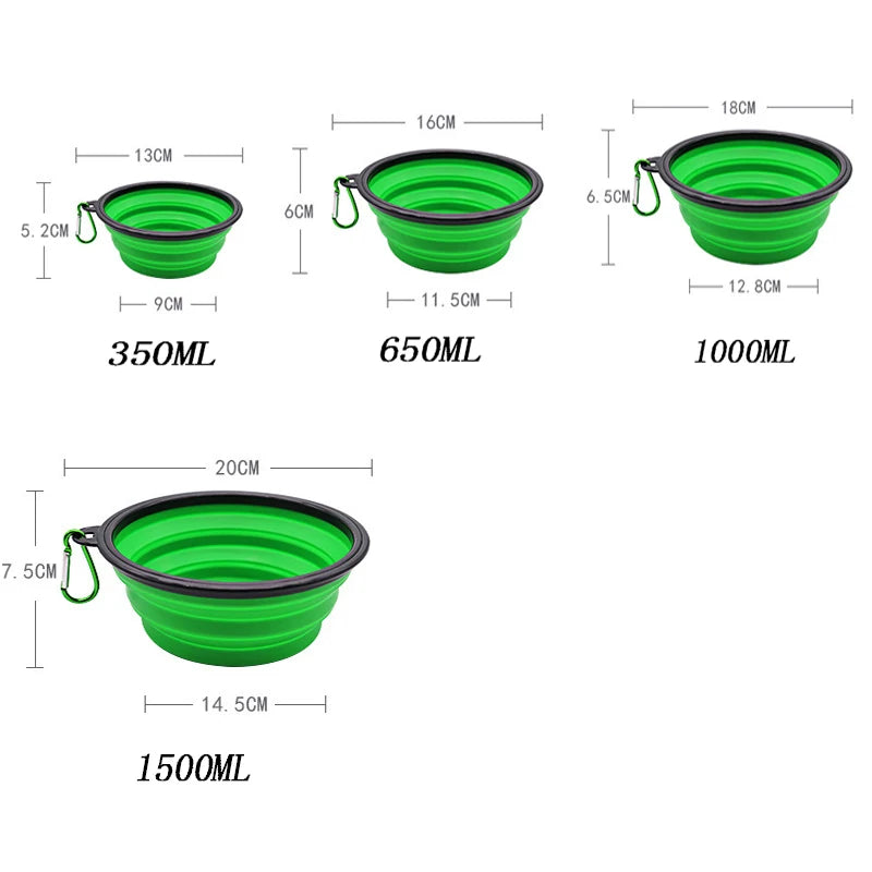 Portable silicone dog and cat feeder bowl with carabiner for travel, combining food and water dispenser in a compact design.