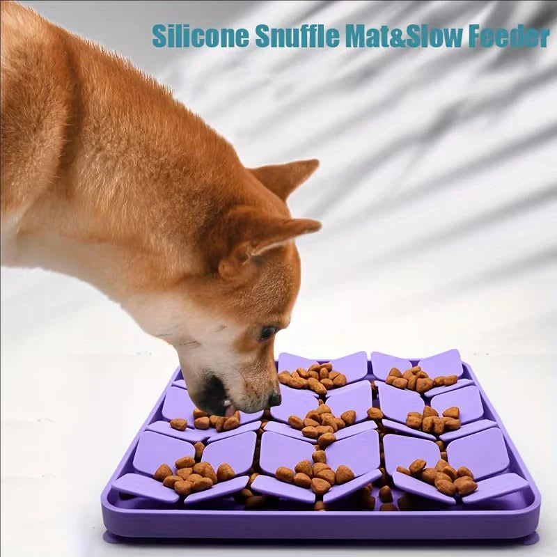 Dog slow feeder snuffle mat with suction cups for training, made of silicone, designed to stimulate senses and prevent choking.