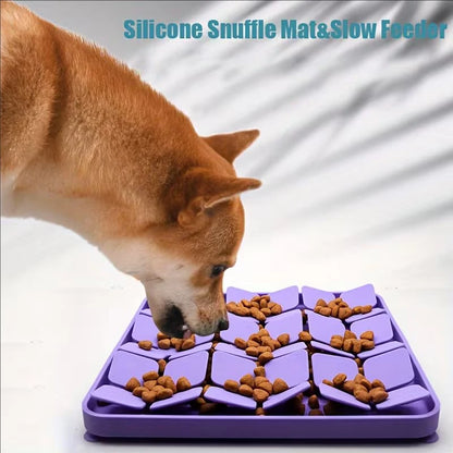 Dog slow feeder snuffle mat with suction cups for training, made of silicone, designed to stimulate senses and prevent choking.