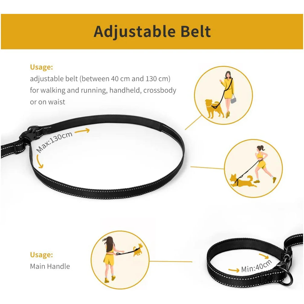 Hands-free bungee leash by A minha loja with adjustable strap and shock-absorbing bungee cord for secure dog walking.