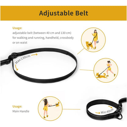 Hands-free bungee leash by A minha loja with adjustable strap and shock-absorbing bungee cord for secure dog walking.
