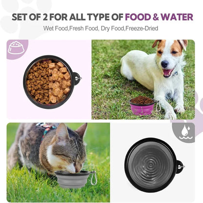 Portable silicone dog feeder bowl and dispenser with carabiner, suitable for travel, food, and water for pets.