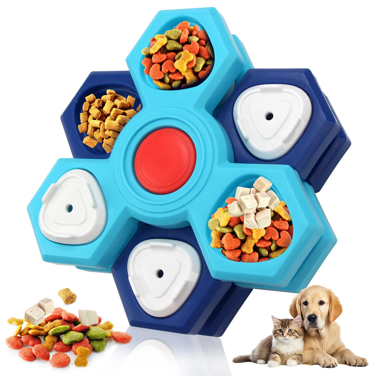 Rotating dog puzzle toy by A minha loja featuring colorful compartments for interactive treat hiding and mental stimulation.