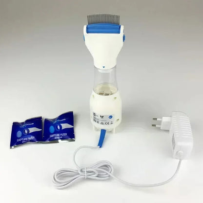 Electric flea and lice comb by A minha loja showing a close-up of the metal teeth and ergonomic handle for pet grooming.