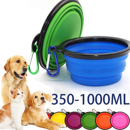 Portable silicone dog and cat feeder bowl with carabiner, combining food and water dispenser for outdoor travel.